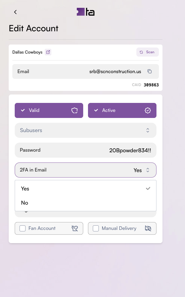 Concourse mobile: an Edit Account screen with validity and status chips, subusers, password and two-factor settings.