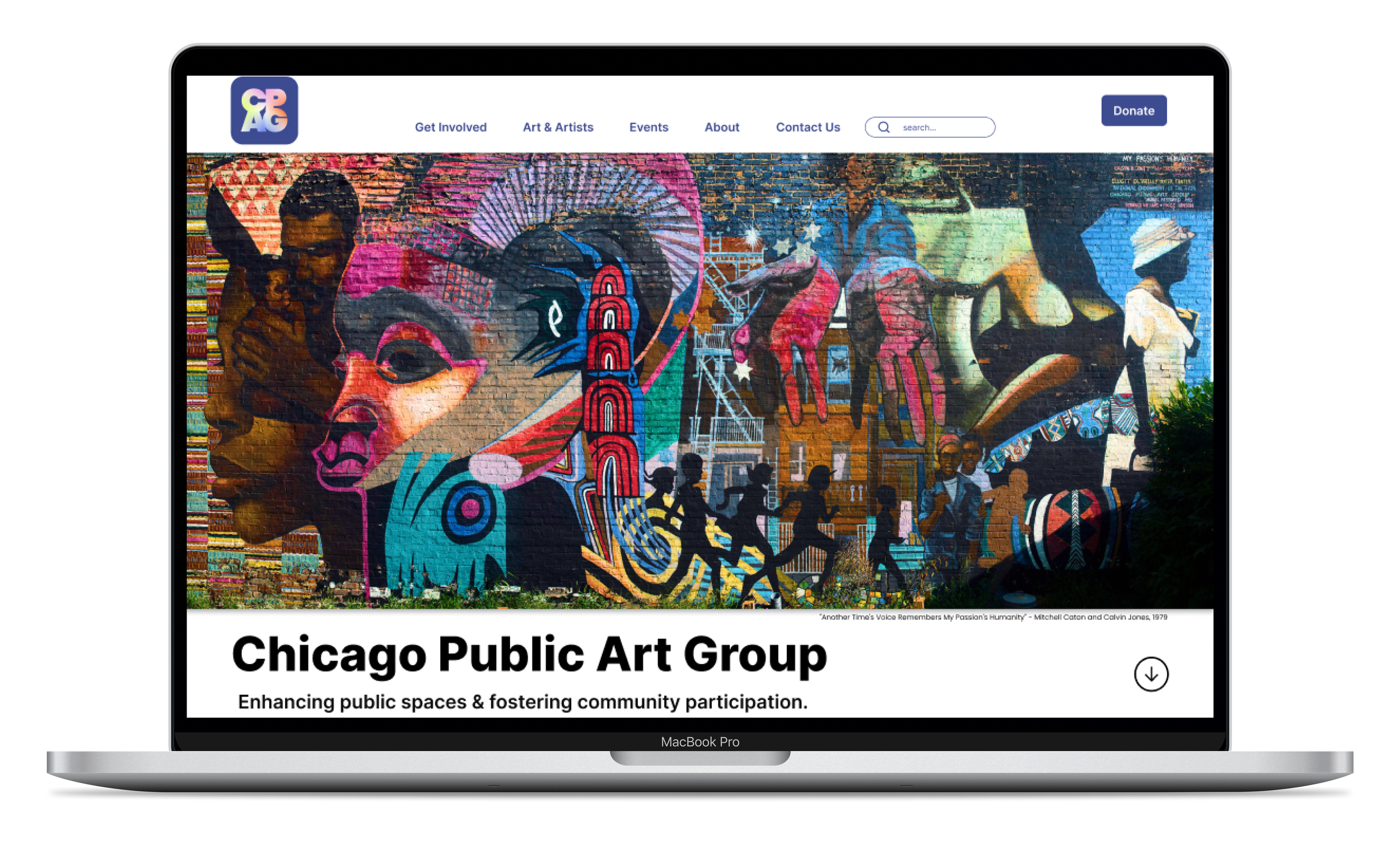 The redesigned Chicago Public Art Group homepage shown on a laptop, featuring a full-width mural photograph.